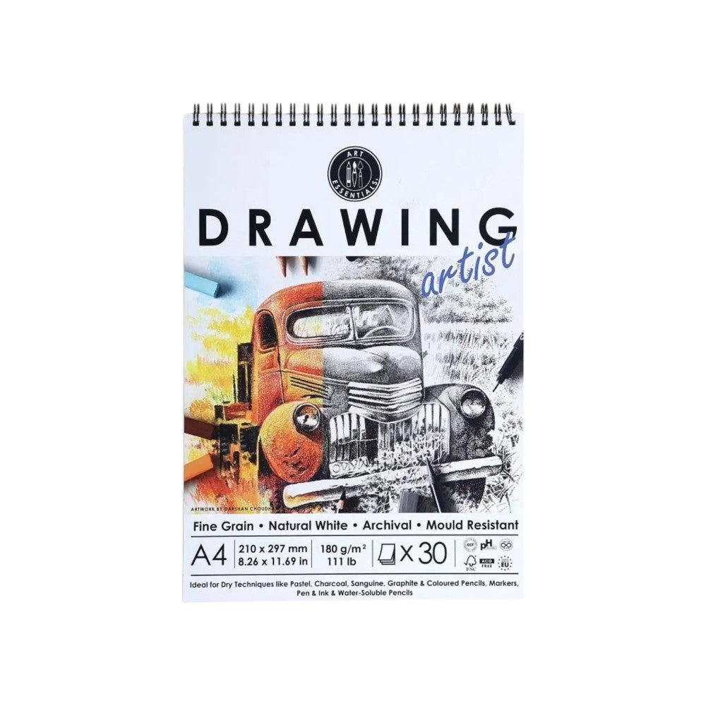 Art Essentials Artist Drawing Paper Natural White Fine Grain 180GSM,30SHT - Spiral Pad Canvazo